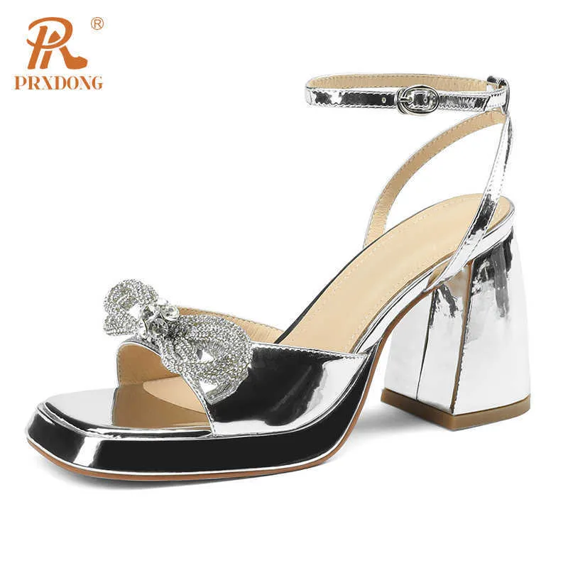 Shoes Women's 2023 New Summer Genuine Leather Chunky High Heels Platform Silver White Sweet Butterflyknot Dress Wedding Sandals ShoesL230301
