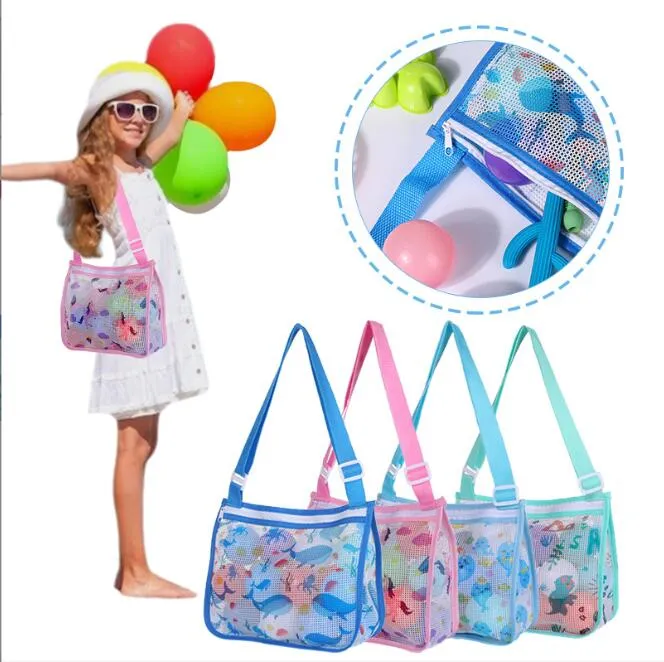 Kids Mesh Shell Toys Organizer Sand Beach Bags Collecting Treasures Storage Bag Dinosaur Travel Outdoor Tote Summer Zipper Portable Cross Body Shoulder Bags BC399