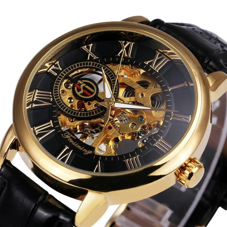 Forsining 3d Logo Design Hohl Gravur Schwarz Gold Fall Skeleton Mechanische Männer Uhren Heren Lederband Heren Horloge Y190522299