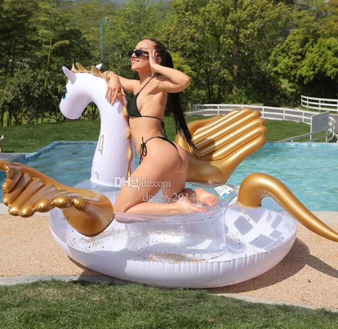 Sommar uppblåsbar Pegasus float Swim Ride-On Pool Beach Unicorn Seat Ring Toys Water Party Swimming Floats Raft Air Madrass Giant Rainbow Horse