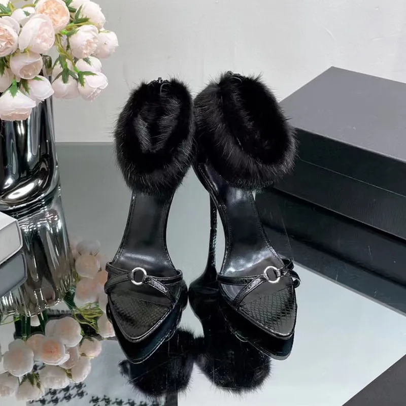 Pointed Toe Fur decro Sandals Women Stiletto Heels Slippers Designer Solid Color Fashion Summer Mules Causal Shoes Genuine Leather Dress Shoes Luxury Brand Mules