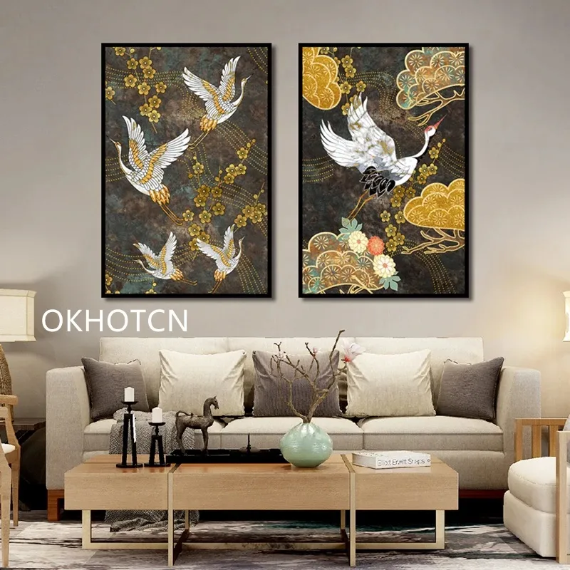 Chinese oude stijl dier canvas schilderij gouden bloemen kraan abstracte decoratieve poster op de muur esthetische kamer decor woo