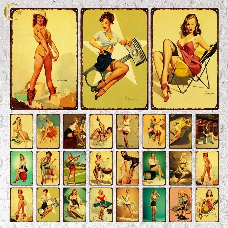 Sexy Girl Vintage Metal Tin Sign Plaque Pin Up Girls Beauty Retro Poster Vintage Poster Wall Decor for Home Bar Cafe Decor 30X20cm W03