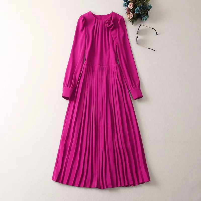 2023 Spring Purple Solid Color Panelled Dress Long Sleeve Round Neck Pleated Midi Casual Dresses S3F280104 Plus Size XXL