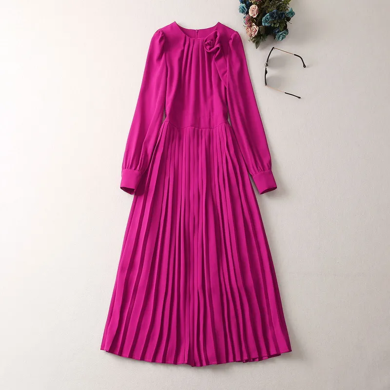 2023 Spring Purple Solid Color Panel Panel Dress Lång ärm Runda nacke veckade MIDI Casual Dresses S3F280104 Plus Size XXL