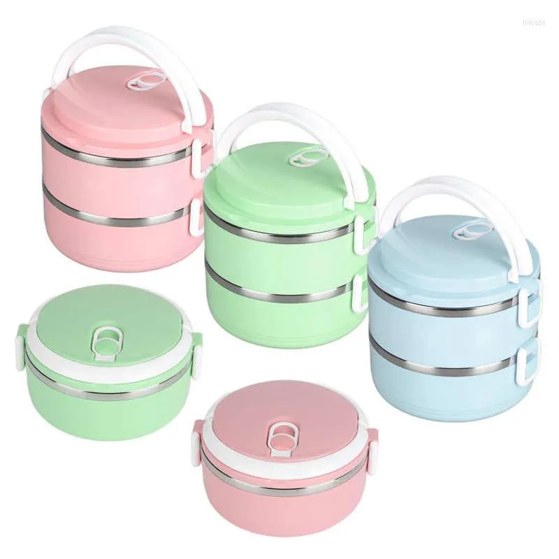 Dinnerware Sets Stackable Thermal Lunch Box Portable Insulated 304 Stainless Steel Round Lunchbox Sealed Containers