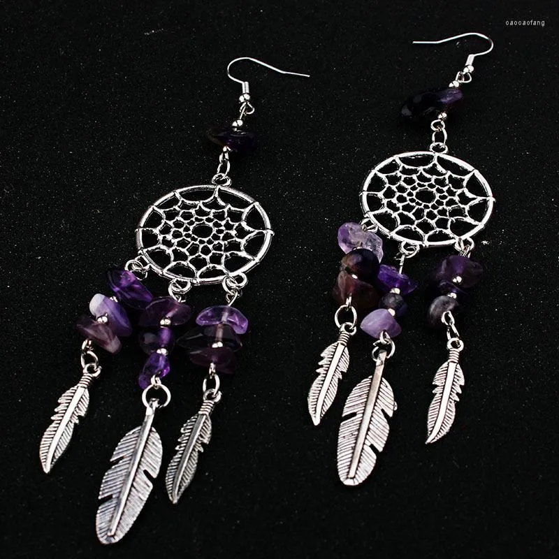 Decorative Figurines Gothic Dream Catcher Earrings Female Amethyst Beads Feather Leaf Pagan HANW88