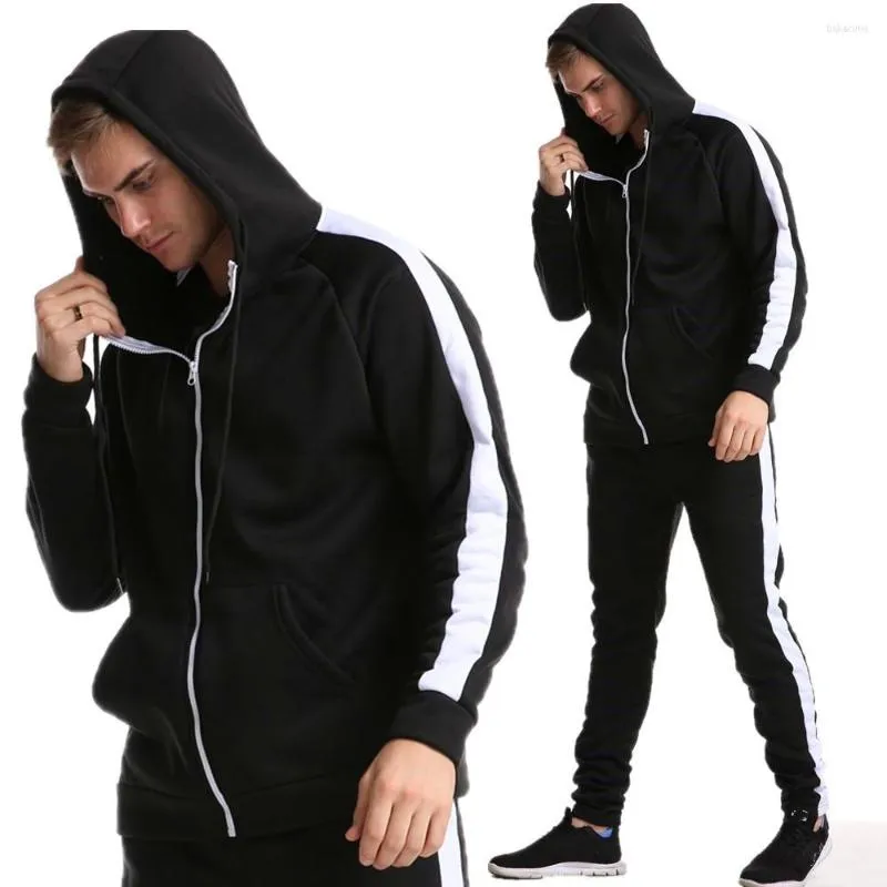 Hommes Hoodies Zipper Costume Casual Slim Fit Patchwork Veste Hommes 2 Pièce Piste Jogging Sportswear À Capuche Pantalon Deux