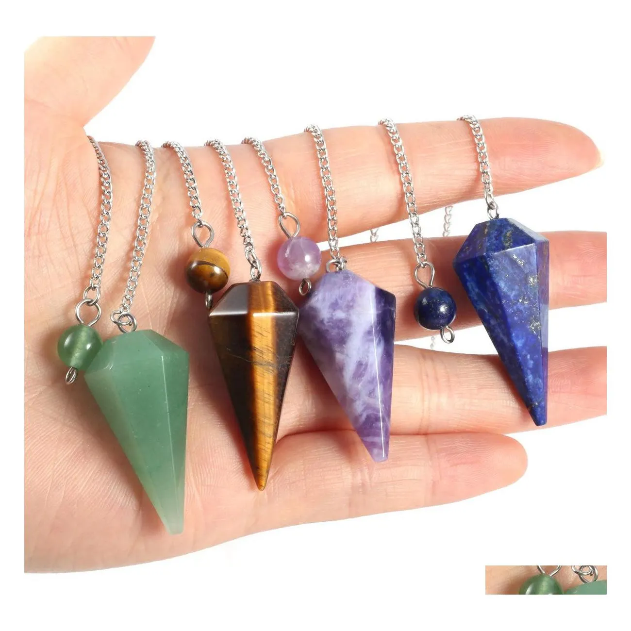 CAR DVR Pendant Halsband Cone Chakra pendum Halvrecious Stones Amet Reiki Healing Crystal Meditation för män Kvinnor Droppleverans smycken P DHXQO