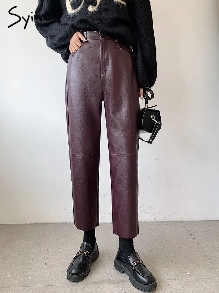 Pantalons Femme Capris Syiwidii pantalon en cuir bordeaux femmes pantalon à jambes larges Style coréen Y2k mode pantalon ample taille haute noir Pu Baggy pantalon 230301