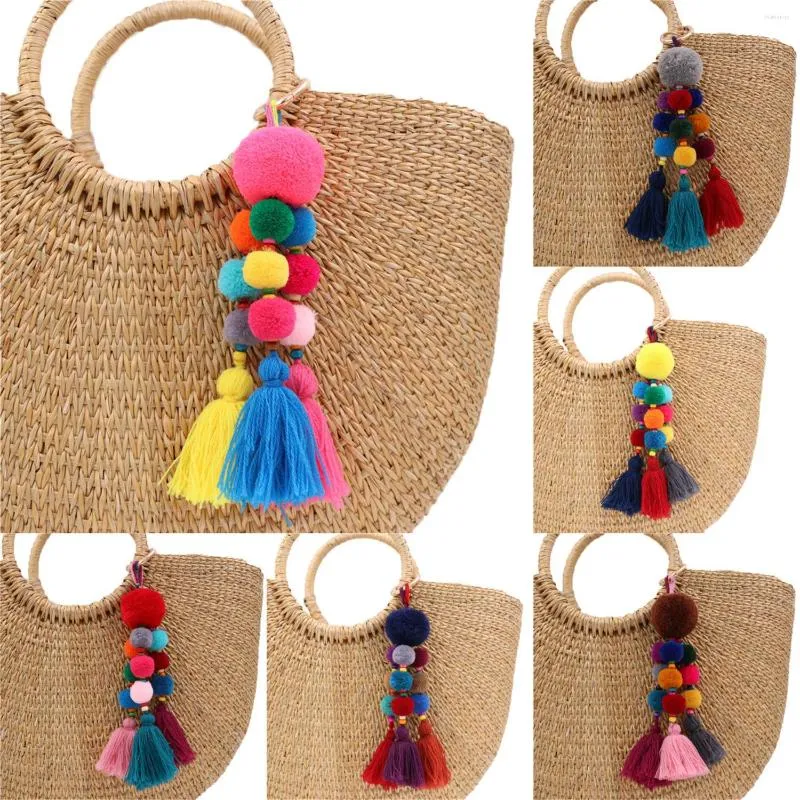 Keychains Boheemse kleurrijke handgemaakte POM Keychain Lady Girl Bag Style Accessoires HOUTEN KRAAD TASSEL SIERARY