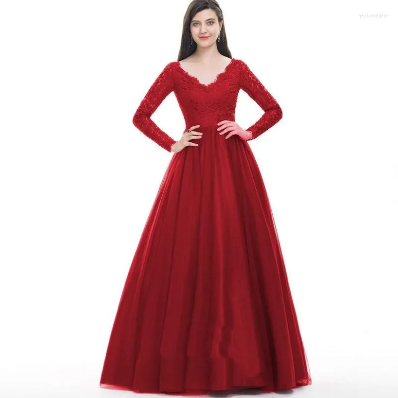 Vêtements ethniques femmes robe gaze dentelle à manches longues mariage demoiselle d'honneur rouge toast taille haute a-mot vadrouille le sol élégant