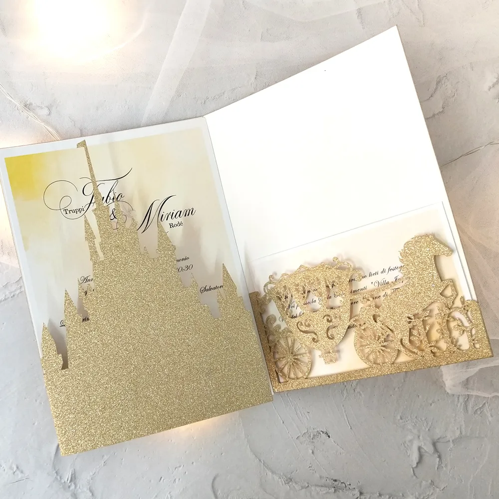 Andra evenemangsfestleveranser Temat Castle och Carriage Tri Fold Luxury Laser Cut Wedding Invitation Cards Birthday Favor Decoration 230228