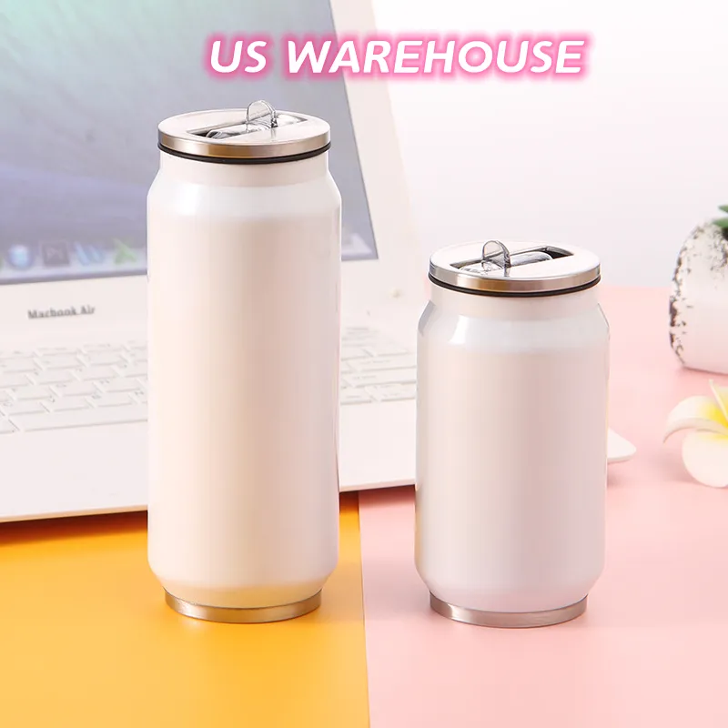 US WAREHOUSE 350ml Sublimation Cola Can Tumblers with Lid and Straw Can Cooler Keeper Stainless Steel Water Bottle Double Wall Coffee Mug Z11