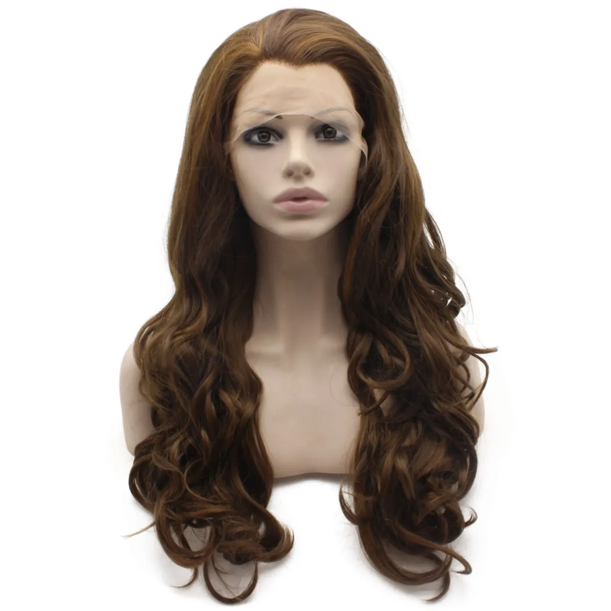 Perruque Lace Front Wig ondulée brune à reflets Extra longs de 26 pouces, perruque synthétique résistante à la chaleur, haute qualité, densité 150%