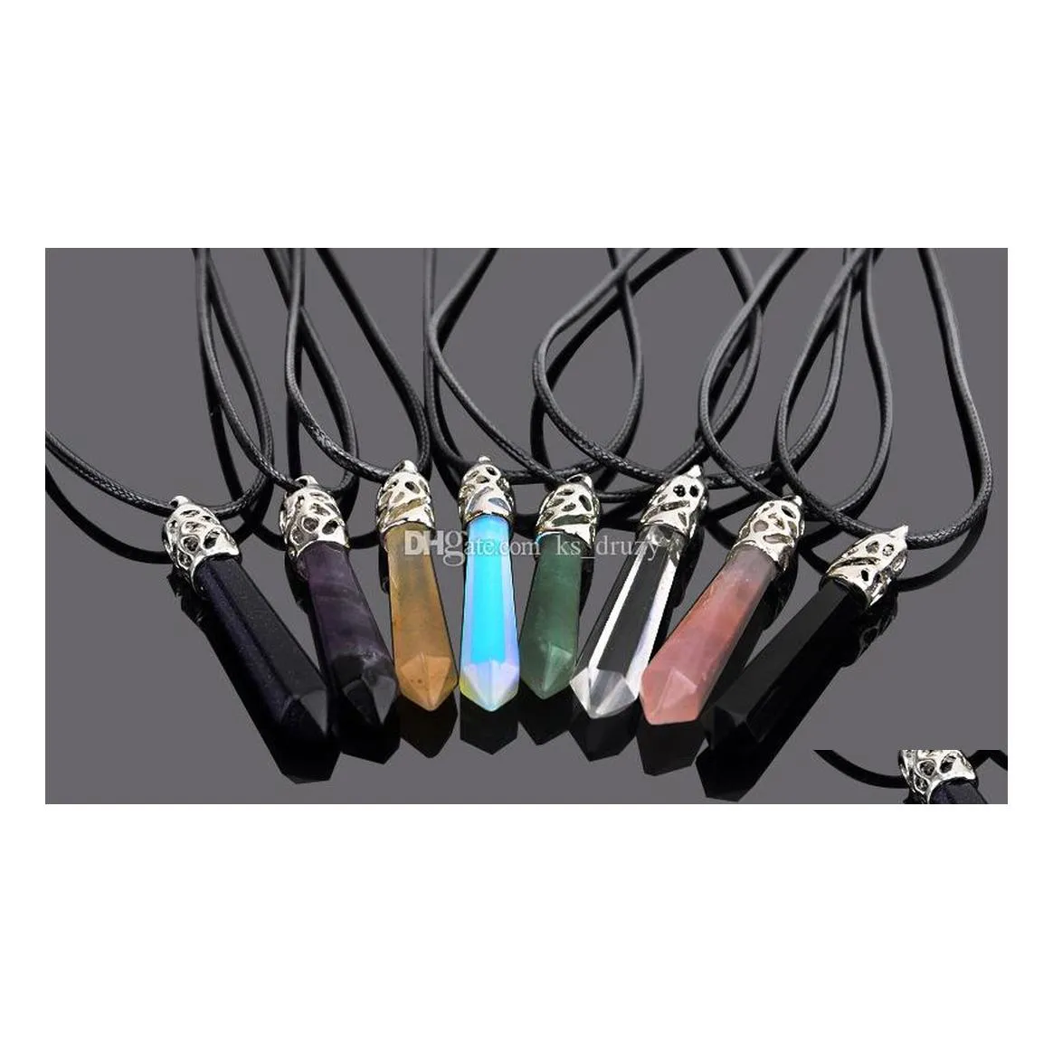 CAR DVR Pendant Halsband Pendum Hexagonal Pointed Reiki Natural Stones Pink Quartz Pillar Charms Halsband för kvinnor Män Presenttillbehör Dr Dhhrt