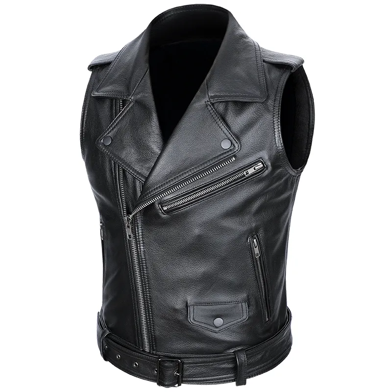 Gilets pour hommes en cuir véritable fermeture à glissière oblique vestes sans manches de haute qualité peau de vache moto motard ceinture détachable gilet 230301