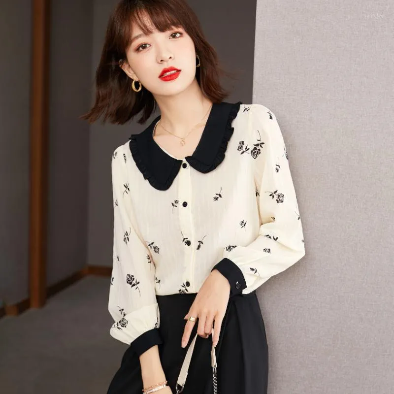 Women's Blouses Chiffon dames zomer 2023 bloemen korte mouw shirts mode losse printing Koreaanse top tum-down kraag kleding