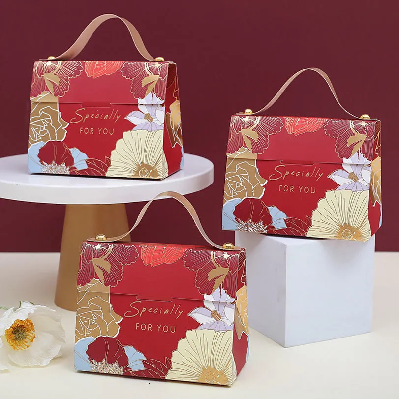 Confezione regalo Scatola di caramelle per matrimoni Bomboniere per fiori Scatole per dolcetti con manico Custodia per dolciumi per forniture per feste di fidanzamento di nozze 10X11.5X6 cm 230301