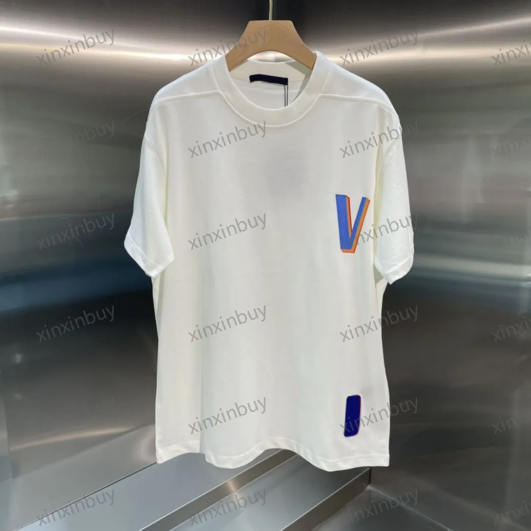 xinxinbuy 男性デザイナー tシャツ tシャツ 23ss カラー文字バスケットボールプリント半袖コットン女性白黒グレー S-2XL