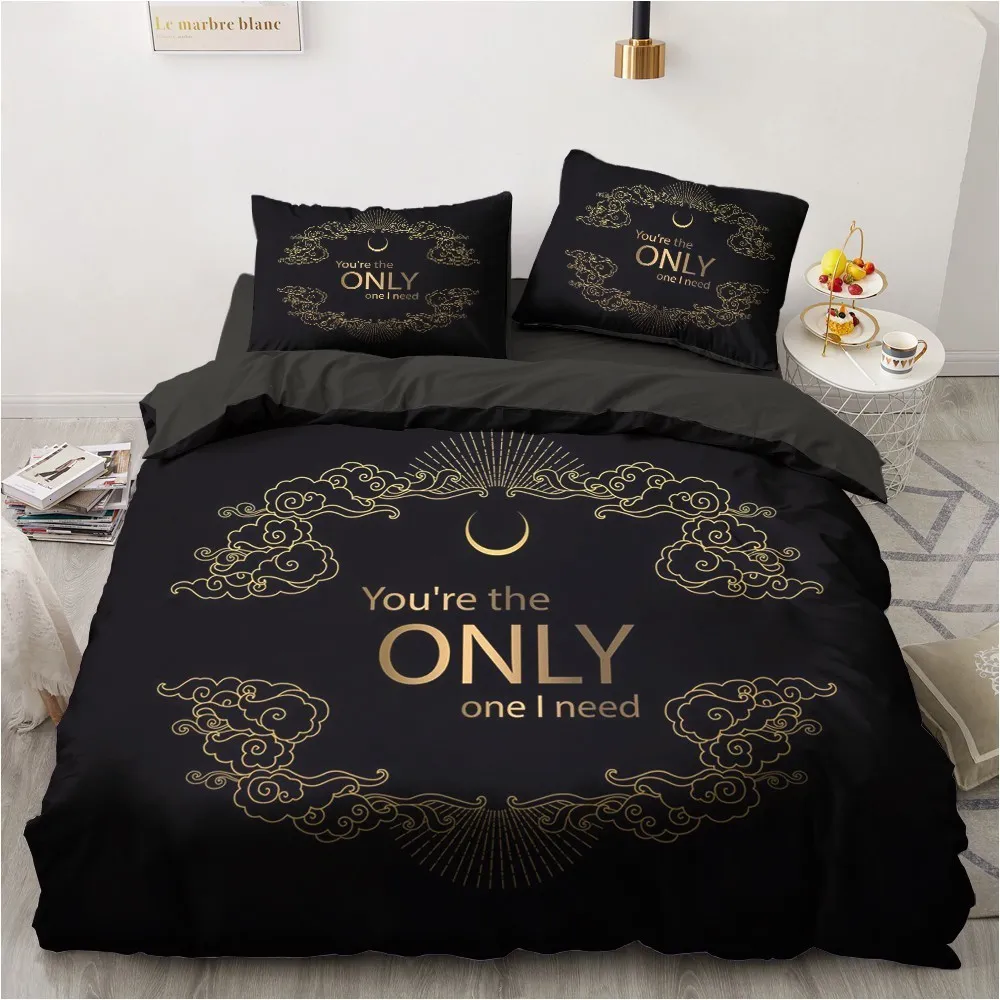 Ensembles de literie 3D Noir Ensembles Couette Couette Housse de couette Linge de lit Taie d'oreiller King Queen 245x210cm Taille Seulement Or Design Imprimé 230228