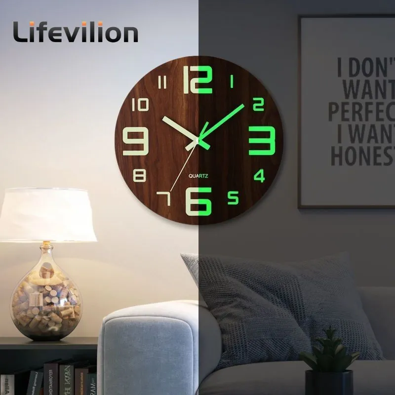 Horloges murales 12 pouces Horloge murale lumineuse en bois Night Glow Visible Nordic Silent Clock Décoration avec veilleuse pour chambre salon maison 230301