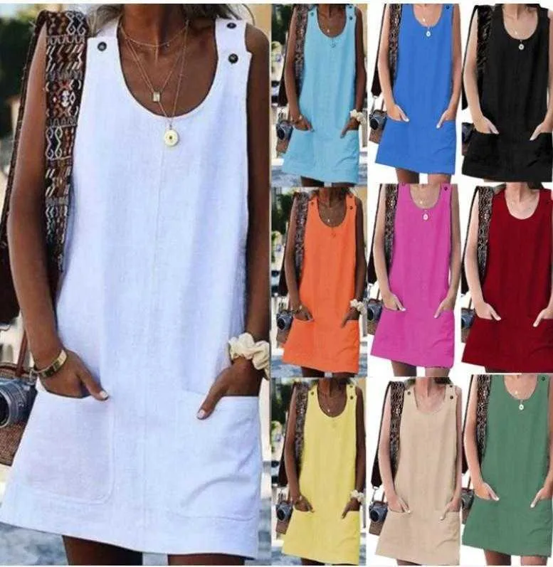 Summer Womens Dresses Pocket Button Cotton And Linen Suspender Dress