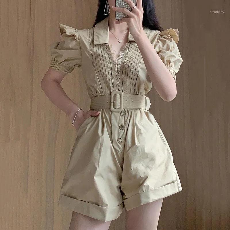 Damen-Overall-Spielanzug, SeeBeautiful, lockere Playsuits, weiblicher Gürtel, Knopf, V-Ausschnitt, Stich, hohle Spitze, Laternenärmel, Sommer, 2023, Mode, L1