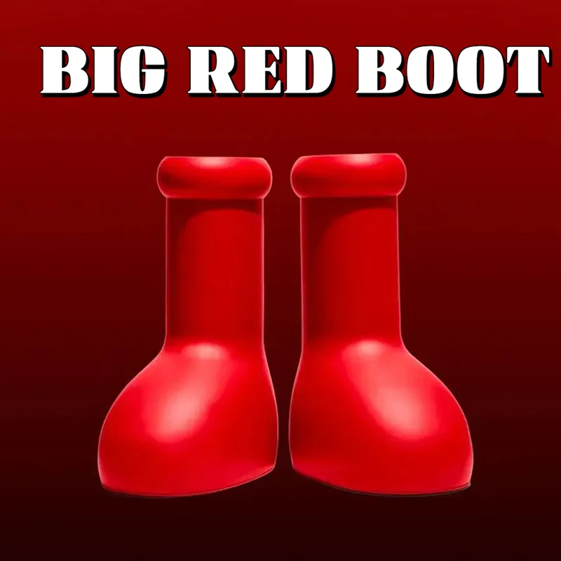 Designer MSCHF Große rote Stiefel, Astro-Boy-Cartoon-Stiefel für Männer und Frauen, glatte Gummi-Regenstiefel, Herren-Damen-Modestiefel mit runder Spitze, echte Kniestiefel, große Größe 35–47