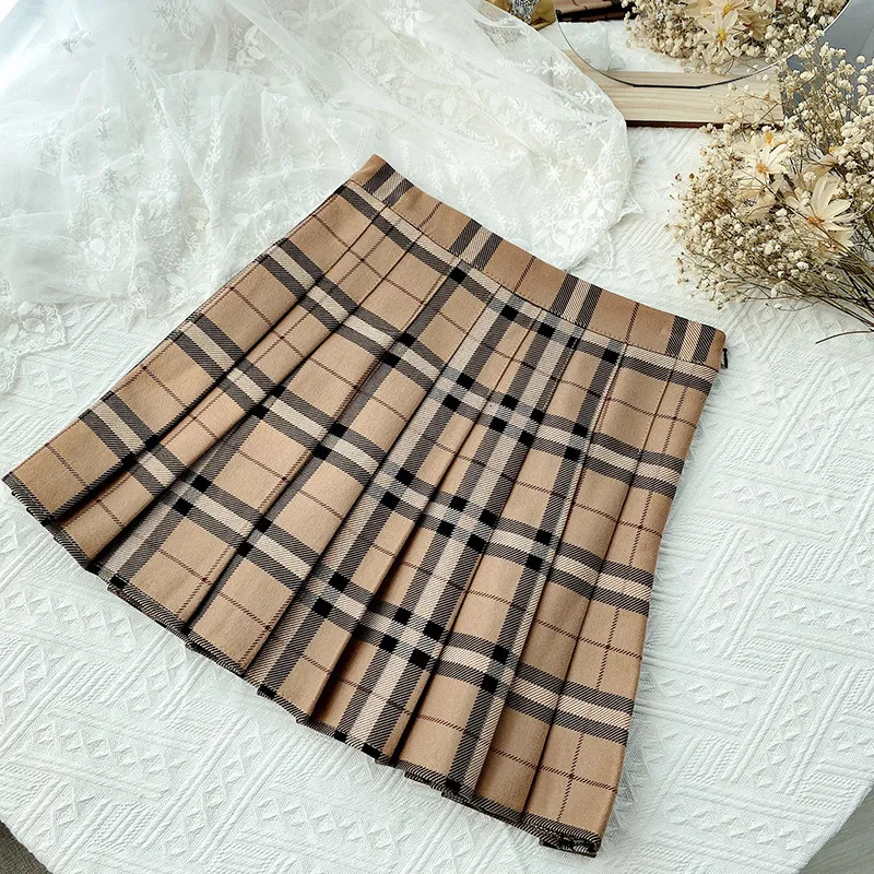 Contraste cor xadrez listrado saia versão coreana de outono plissado cintura alta uma linha mini estilo estudante doce 230301