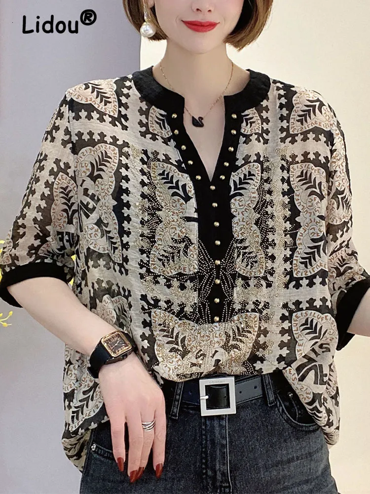 Elegant Fashion Rivet Casual Printing Diamonds Pullovers Summer Short Sleeve Loose Temperament Shirt TShirt 230301