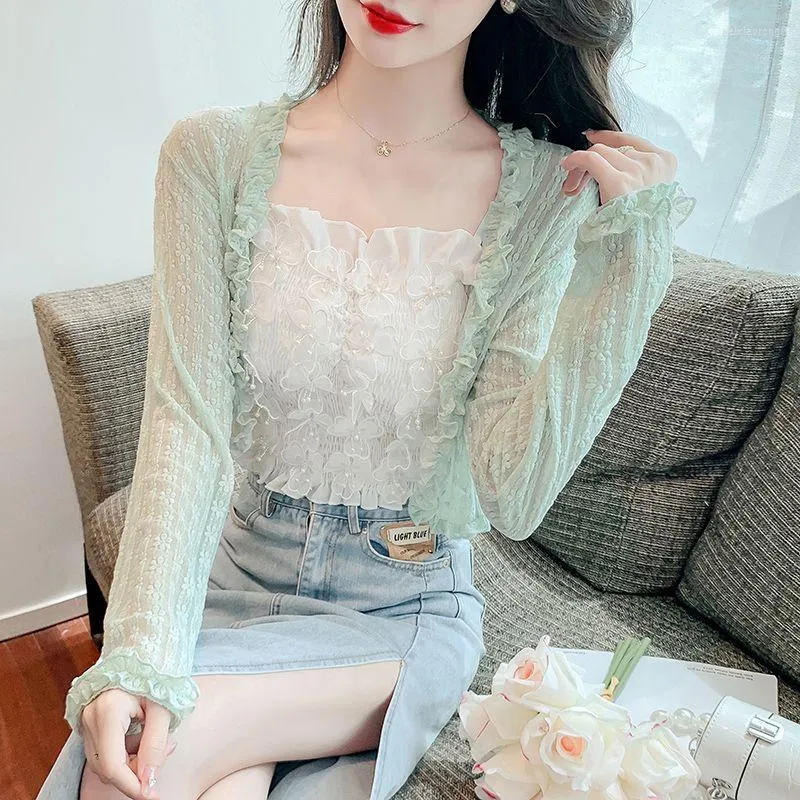 Jaquetas femininas vintage de manga longa e renda floral encolher encolher bolero cardigan casacos tops slim tops ladies white jacket spring coul