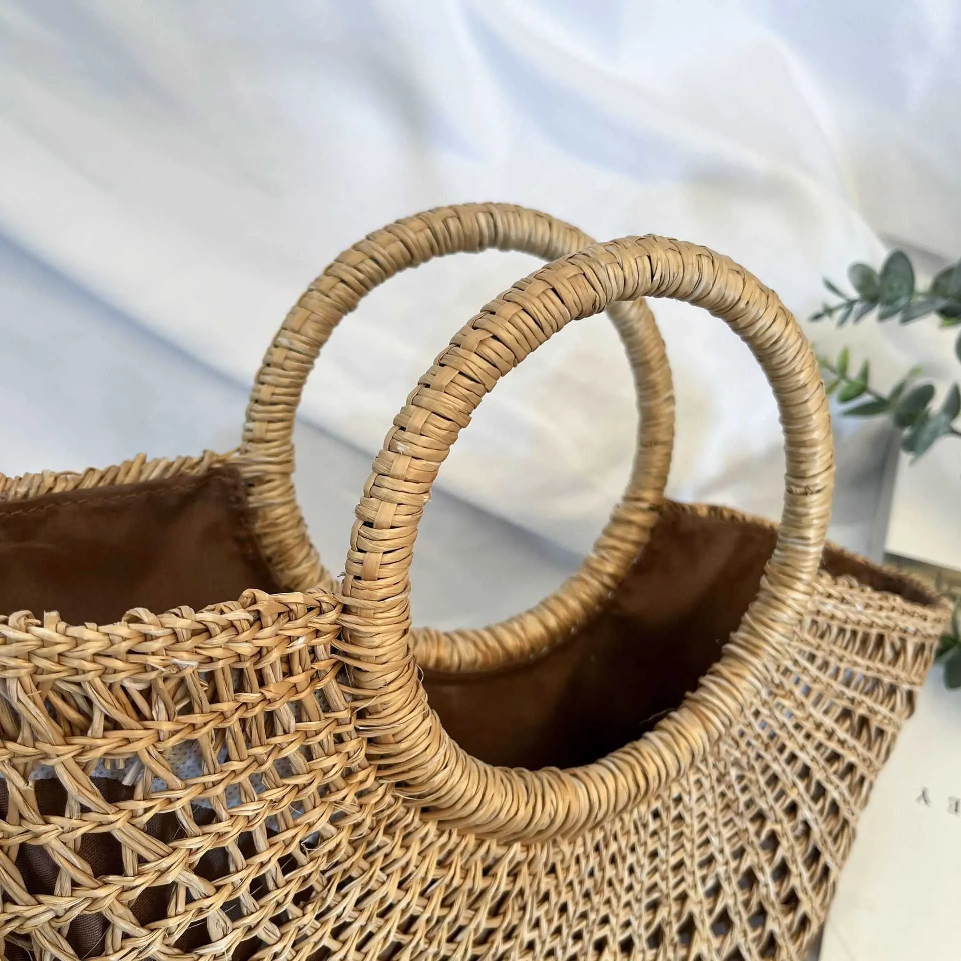 beach Tote Bag Semicircle Straw Bag Hand Woven Rattan Crescent Bag Handbag 230301