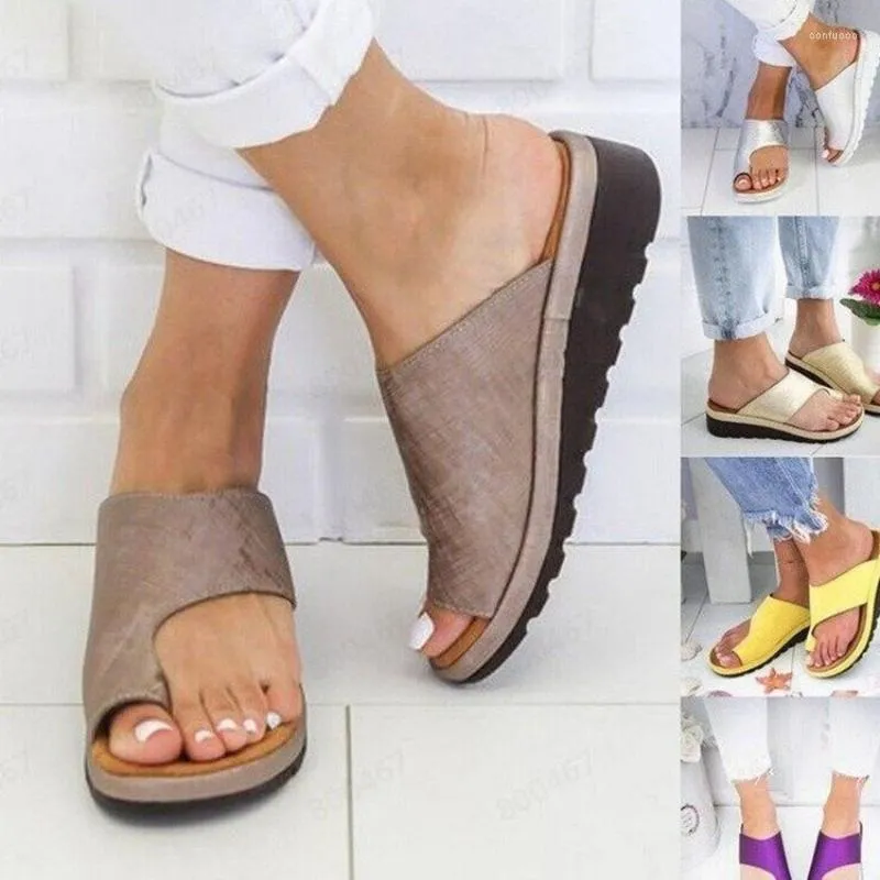 Hausschuhe 2023 in Frauen Pu-Leder Sandalen Sohle Orthopädische Bunion Corrector Bequeme Plattform Flache Plus Größe 35-43 Sandalias Plataforma