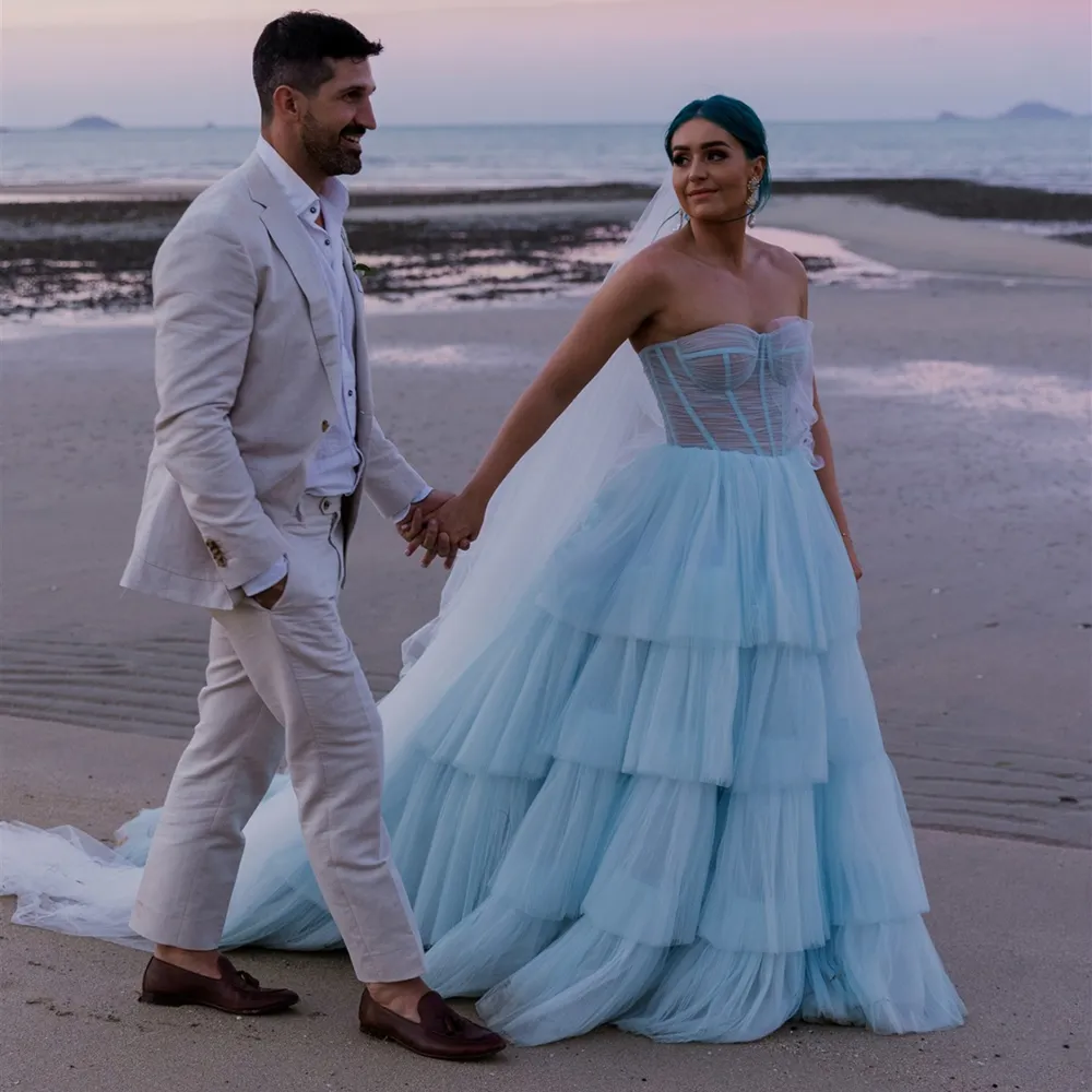 Blue Beach Gelinlik 2023 Lüks Aline Tül Artı Boyut Boho Gelin Kadınlar İçin Spagetti Kayışları Katmanlı Kore Gelin Hippi Robe de Mariee Vestios Novias