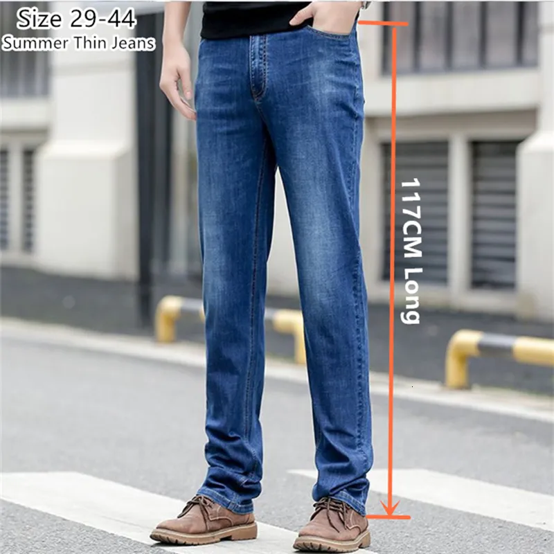 Men's Jeans Long Summer Jeans 117CM Tall Mens Thin Stretched Plus Size 40 42 44 Oversized Slim Fit High Waist Blue Denim Trousers 230301