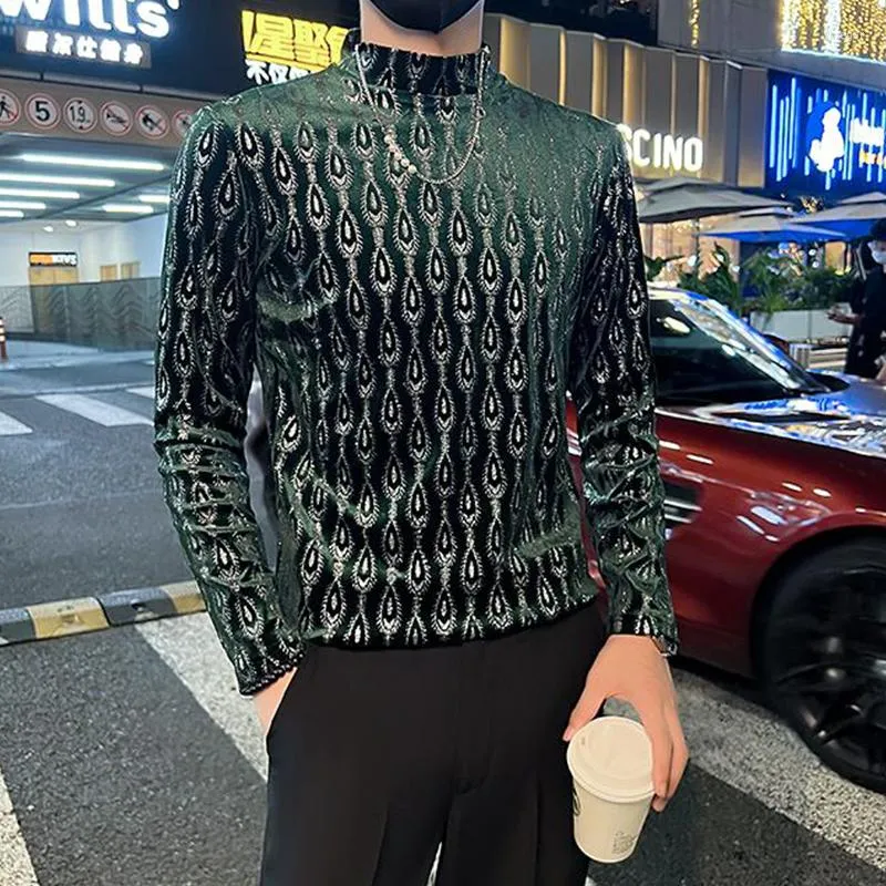 Men's T Shirts Long Sleeve Velour T-shirts For Men Autumn Winter Peacock Feather Print Slim Fit Mid High Collar Bottoming Tee Shirt Tops
