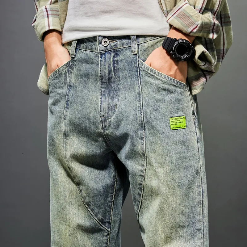 جينز الرجال الرجعية الأزرق هارن سراويل جينز فضفاضة ربيع الخريف سروال الساق على نطاق واسع سراويل الجينز سراويل الرجال السراويل الفضفاضة 230301