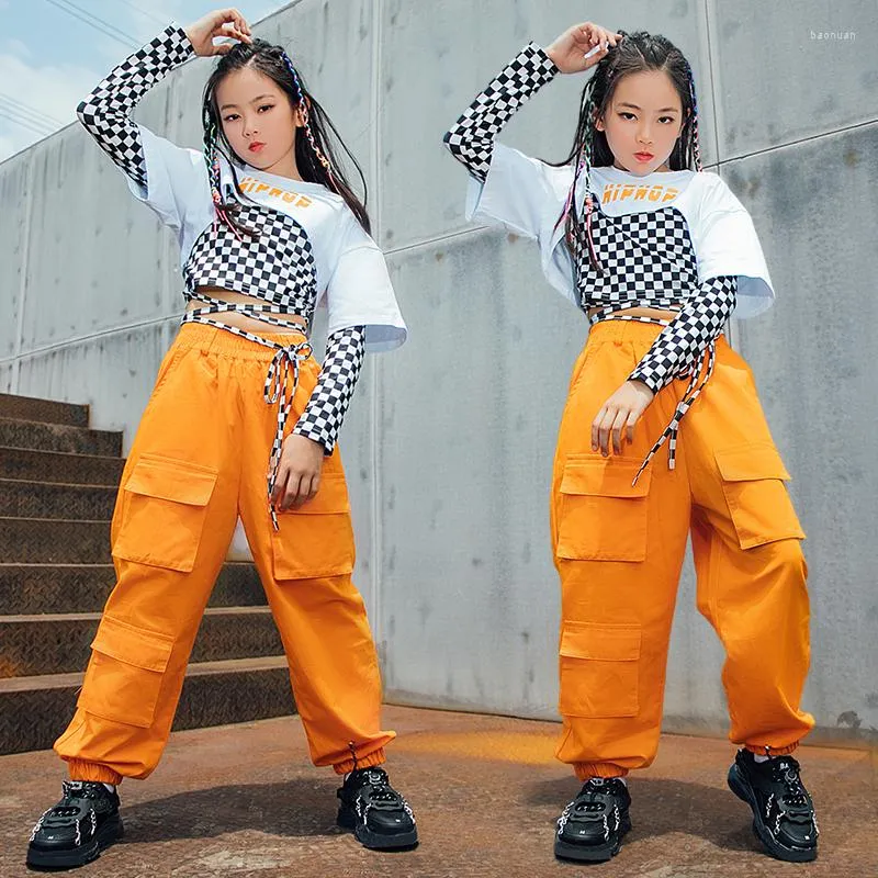 Scene Wear Hip Hop Dance Costume Long Sleeves Gitter Topps For Girls Loose Orange Cargo Pants Kids Ballroom Hiphop Clothes Rave BL7106