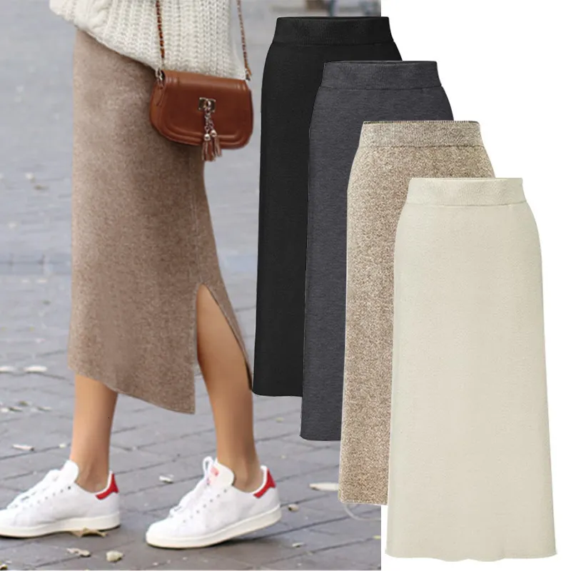 Skirts Fashion Autumn Winter Korean Knitted Women Skirts Large Size Elastic Waist Split A-line Skirts Female Plus Size Skirts 230301