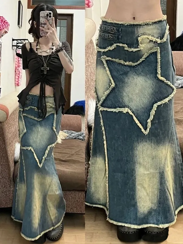 DHgate.com:Vintage Y2K Starry Denim Midi Skirt: High-Waisted