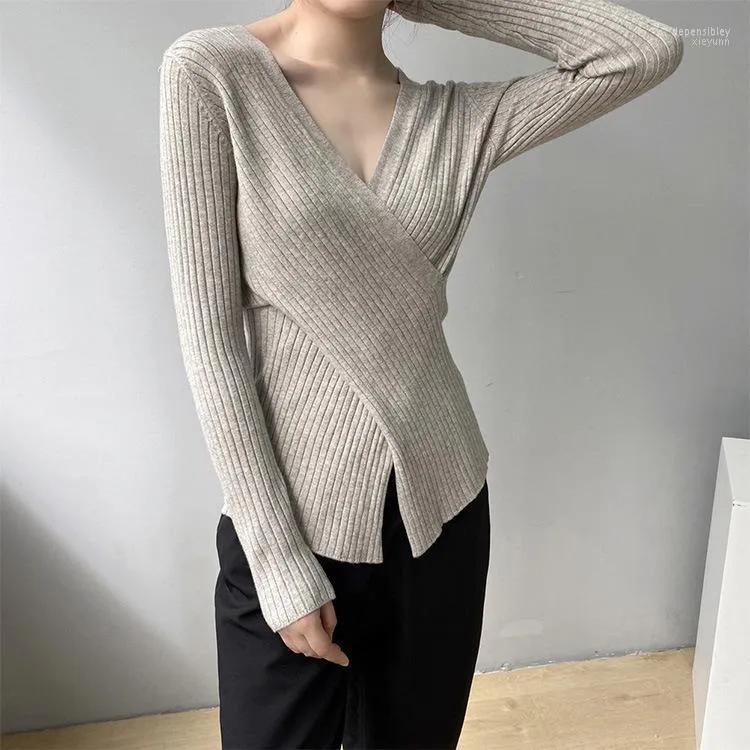 Women's Sweaters Elegant Women Sweater 2023 Long Sleeved V Neck White Cross Top Knitted Casual Jumper Autumn Pullover Shirt Depe22