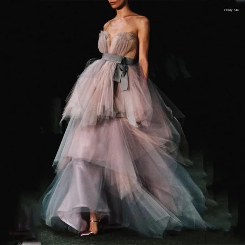 Party Dresses Colorful Fluffy Prom Strapless Sleeveless Tiered Ruffles Ball Gown Women Long Evening Gowns Plus Size Custom Made