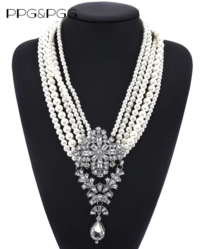 ペンダントネックレスファッションマルチレイヤー模倣真珠チェーンネックレス女性豪華なチャームクリスタルペンダントインドマキシステートメントネカルチェルジュエリー230301