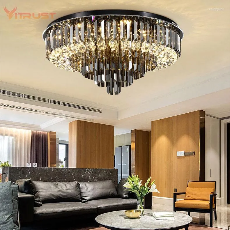 Ceiling Lights Luxury Black Crystal Chandelier Lamp Round Living Room Bedroom Indoor Home Light Fixtures