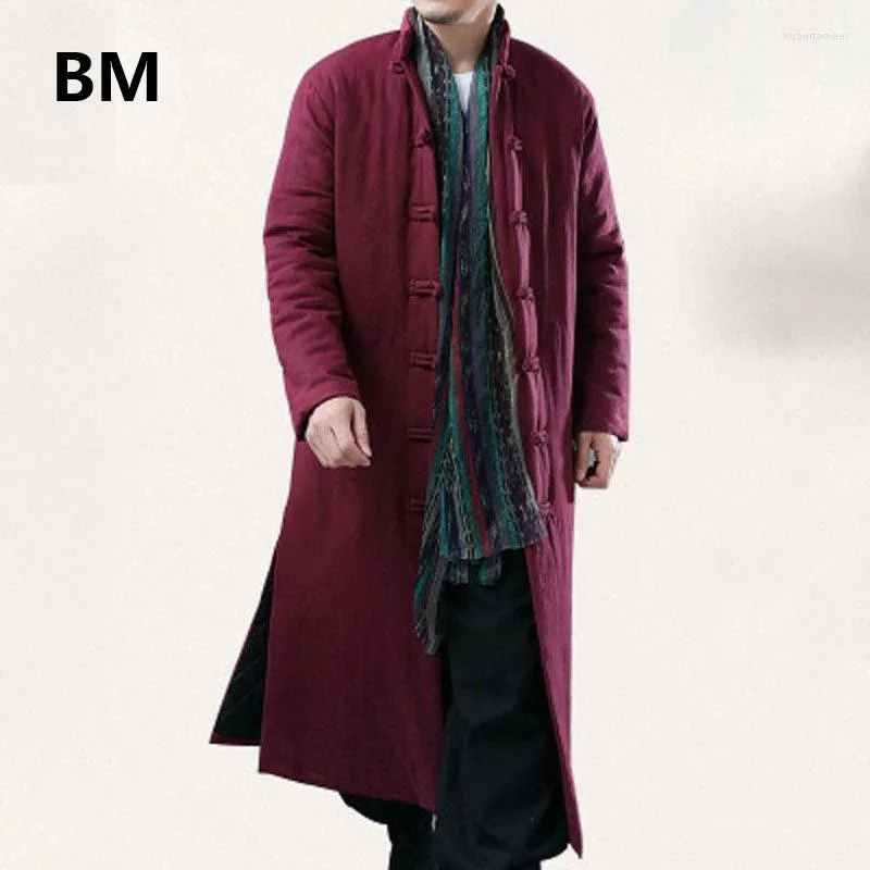 Zima męska przedłużona bawełniana długie ubrania chiński styl retro w stylu narodowym mężczyzn wyściełany szlafrok stały kolor stojak na stojak