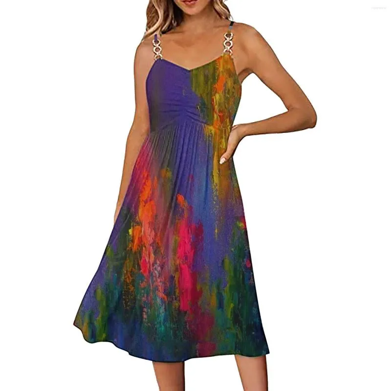 女性のためのカジュアルドレス夏2023年ファッションネクタイの染料印刷袖のvネックスパゲッティストラップラインサンドレスドレス