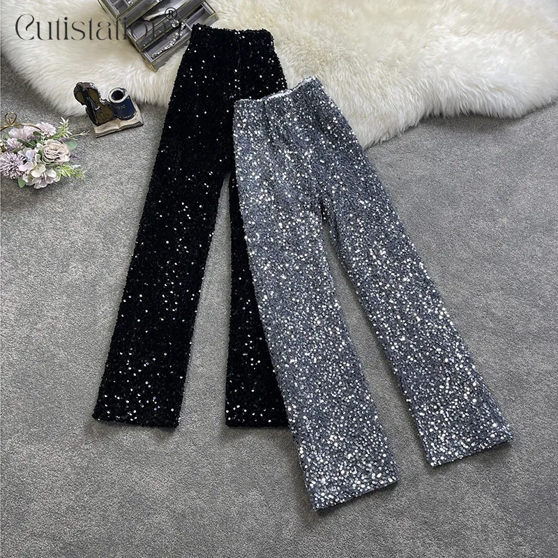 Women's Pants Capris Cutistation High Waisted Sequin Pants Women Silver Full Length Chic Fashion Wide Leg Loose Trousers Party Night Clubwear 230301