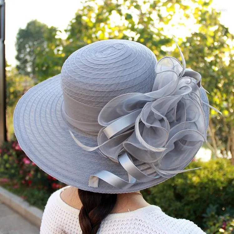 Cappelli a tesa larga Matrimonio grigio per donna Grande fiore Elegante parasole Accessori pieghevoli Copricapo da sposa 2023