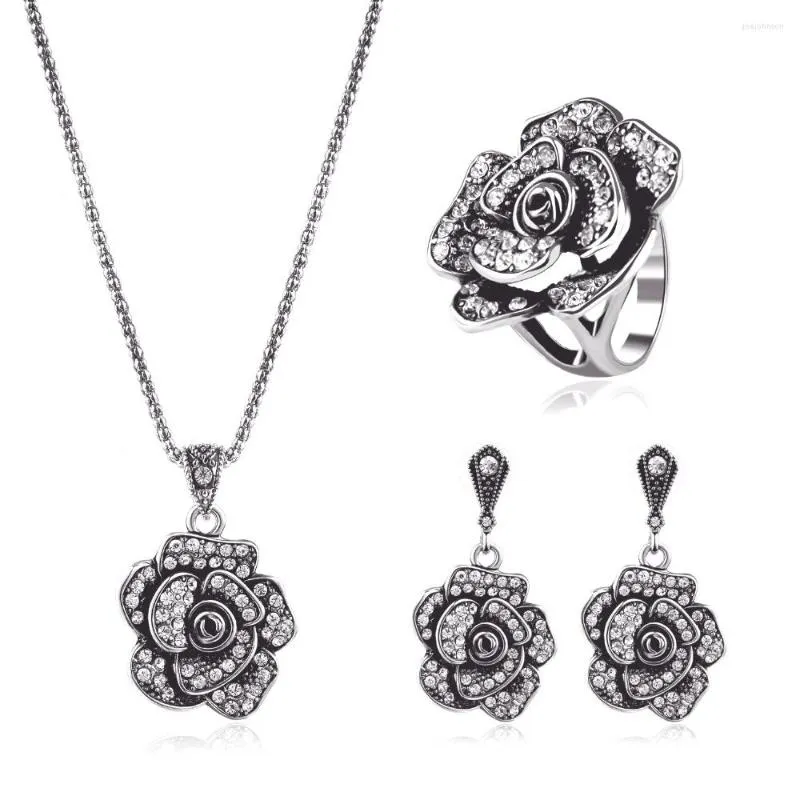 Halskette Ohrringe Set türkischen Stil hochwertige Legierung Schmuck Mode Kristall Blume Maxi ethnische Ring trendige Frauen